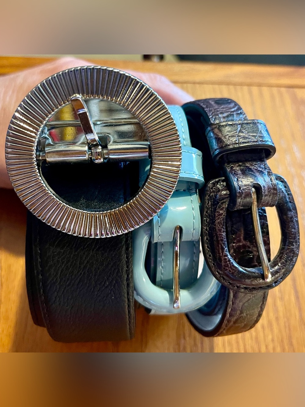 3 Women's Belts (Large) - Reversible Black/Bronze, Light Blue Patent, Dark Brown